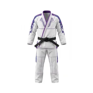 White and purple Brazilian Jiu-Jitsu gi with black belt, front and back view