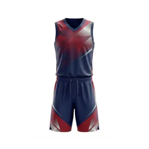 Spenix Sports Wear navy blue and red geometric basketball uniform with V-neck jersey and matching shorts.