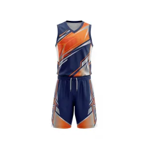 Front view of men's navy blue, orange, and white geometric basketball uniform with V-neck jersey and matching shorts.