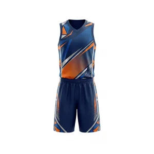 Navy blue, orange, and grey geometric basketball uniform set with sleeveless jersey and shorts