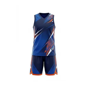 Navy blue basketball uniform set with orange and white geometric pattern