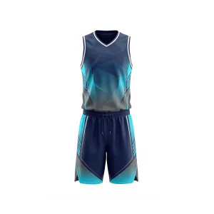Front view of dark blue and teal gradient geometric basketball uniform for men