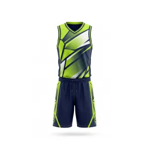 Front view of geometric green and navy basketball uniform set, featuring a shattered pattern on jersey and shorts.