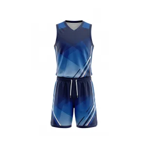 Front view of a blue geometric basketball uniform set with gradient design and white-orange stripe accents