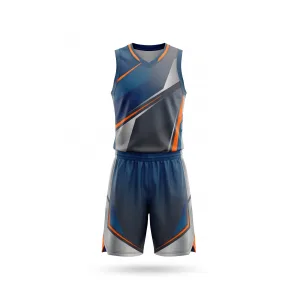 Front view of a blue, grey, and orange geometric pattern basketball jersey and shorts uniform set for men.