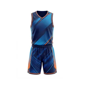 Front view of a navy blue basketball uniform with geometric blue and orange patterns, including jersey and matching shorts.