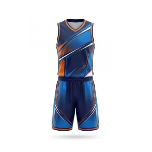 Spenix Sports Wear navy and orange abstract basketball uniform set with geometric patterns