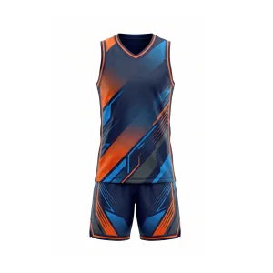 Front view of a navy, orange, and blue fragmented geometric basketball uniform set, ideal for team sports and training.