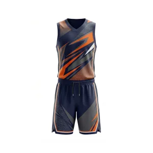 Navy, orange, and grey abstract basketball jersey and shorts set