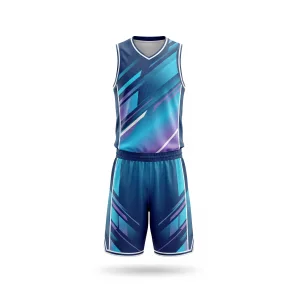 Spenix Sports Wear gradient blue and purple geometric basketball uniform set, front view on a white background.