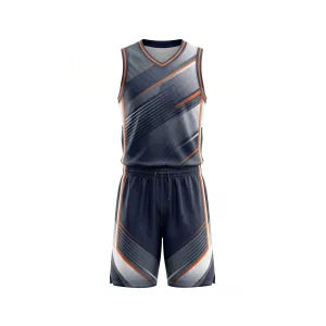 Navy blue, orange, and grey diagonal stripe basketball uniform