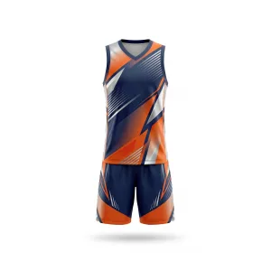 Front and back views of a Navy Orange Geometric Basketball Uniform set, ideal for team sports and athletic training.