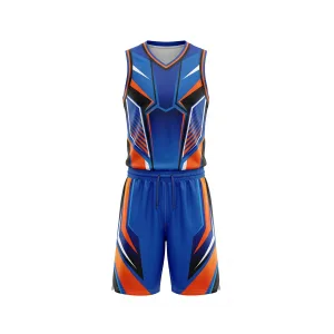 Front and back view of a men's blue and orange geometric basketball uniform with black and white accents
