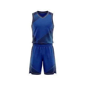 Royal blue basketball uniform with contrasting trim, sleeveless jersey and shorts
