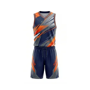 Front view of Navy Orange Sublimated Basketball Uniform Set with grey and white geometric patterns for team play.