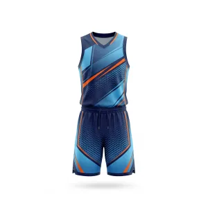 Front and back view of men's dark and light blue geometric basketball uniform with orange accents, ideal for team play