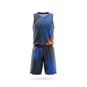 Front view of Spenix Dynamic Blue Orange Abstract Basketball Uniform set with angular patterns