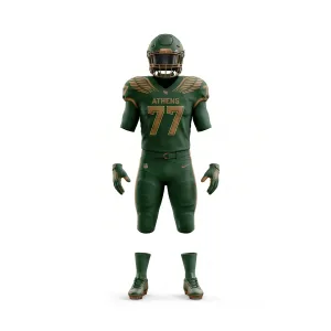 American football player wearing emerald green and gold uniform with wing design on shoulder pads and helmet