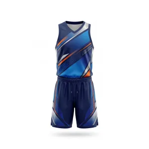 Front view of blue and orange geometric basketball uniform set by Spenix Sports Wear, ideal for team play