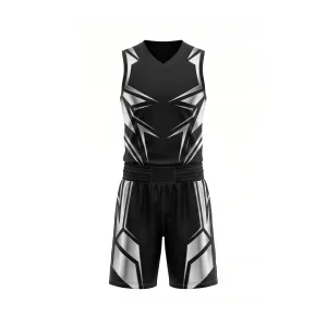 Front view of Spenix Sports Wear Black & Silver Geometric Boxing Uniform with V-neck jersey and matching shorts.
