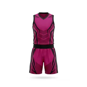 Front view of deep fuchsia and black geometric trim basketball uniform for men, designed for athletic performance.