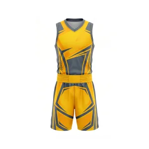 Front view of yellow and grey geometric pattern basketball jersey and shorts set for men on a white background.