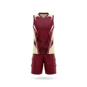 Maroon and cream sleeveless boxing uniform with geometric pattern