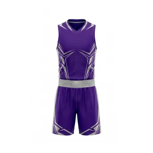 Purple boxing uniform with striking silver geometric patterns, designed for peak performance in the ring.