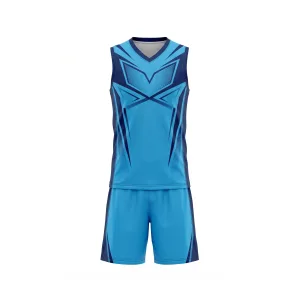 Front view of a men's sports uniform set in teal and navy blue with a geometric pattern, ideal for athletic training.