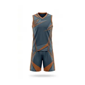 Front view of men's dark slate and burnt orange geometric boxing training set with sleeveless top and shorts.