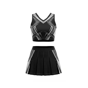 Black cheerleading uniform set featuring a V-neck crop top and pleated skirt with white and silver geometric abstract patterns.