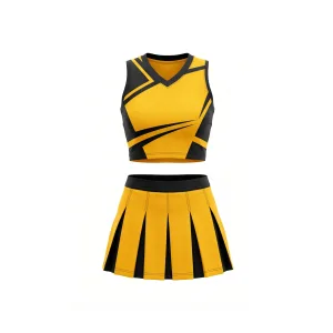 Front and back view of a yellow and black cheerleading uniform set with geometric crop top and pleated skirt.