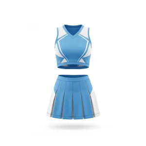 Front and back view of a light blue and white cheer uniform set, featuring a V-neck crop top with geometric design and a matching pleated skirt.