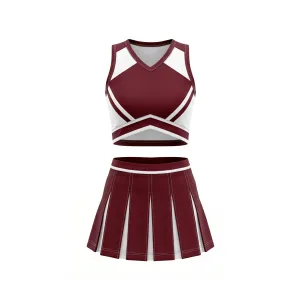 Maroon and white V-neck cheerleading crop top and pleated skirt uniform set against a white background, front and back views.