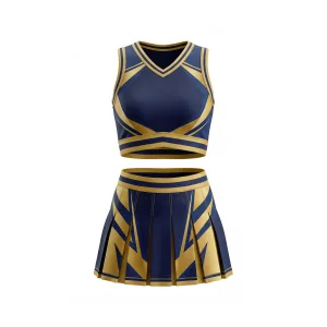 Two-piece navy and gold geometric cheer uniform set featuring a V-neck crop top and pleated skirt