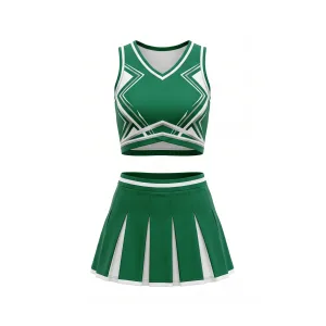 Front and back view of a green and white cheer uniform set with geometric patterns and a pleated skirt.