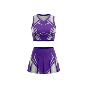 Front view of a purple and silver cheerleading uniform crop top and pleated skirt set with geometric patterns.