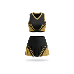 Front and back views of a black and muted gold geometric cheerleading uniform set with a V-neck crop top and pleated skirt.