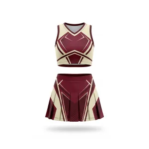 Front view of a maroon cheer uniform with cream geometric patterns, featuring a sleeveless crop top and a pleated skirt.