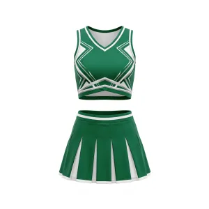 Front and back views of an emerald green and white geometric pattern cheerleading outfit with a pleated skirt.