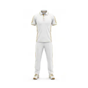 Front view of men's white cricket uniform set with gold stripes, including polo shirt and pants for sports.