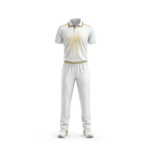Spenix Sports Wear white cricket uniform set with gold trim and abstract chest pattern, front view