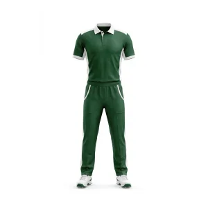 Front view of dark green and white panel cricket uniform set with polo shirt and trousers for men
