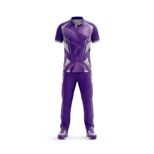 Front view of a purple and grey geometric cricket uniform set with a polo shirt and matching trousers.