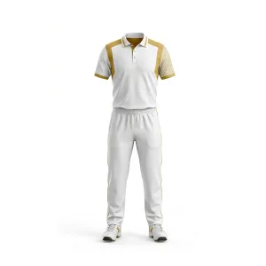 Full front view of a white and gold trim cricket uniform set, including a polo jersey with textured sleeves and long pants, worn by an invisible model.