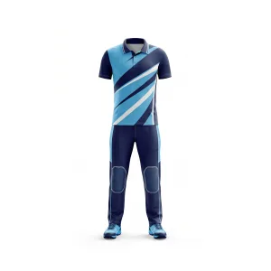 Front and back view of a navy and sky blue cricket uniform with white diagonal stripes on the jersey, designed for performance sports.