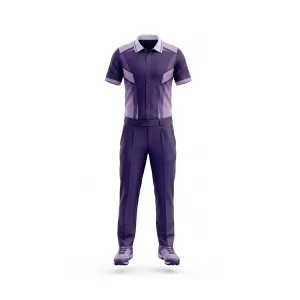 Front view of Spenix Sports Wear dark purple and lavender cricket uniform set with polo shirt and trousers.
