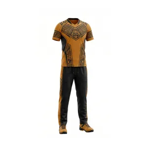 Front view of men's gold and black tribal pattern cricket uniform set, featuring a jersey and matching pants.
