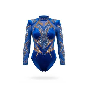 Front view of a vibrant royal blue long sleeve leotard for gymnastics, adorned with sparkling gold and silver rhinestones