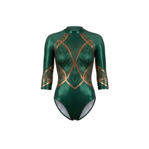 Front and back view of a shimmering emerald green gymnastics leotard with metallic gold leaf pattern, 3/4 sleeves, and a keyhole back.